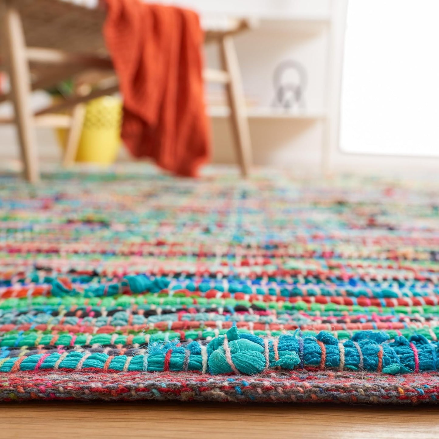 SAFAVIEH Rag Rug Collection Accent Rug - 2'3" x 5', Green & Multi, Handmade Boho Stripe Cotton, Ideal for High Traffic Areas in Entryway, Living Room, Bedroom (RAR240E)
