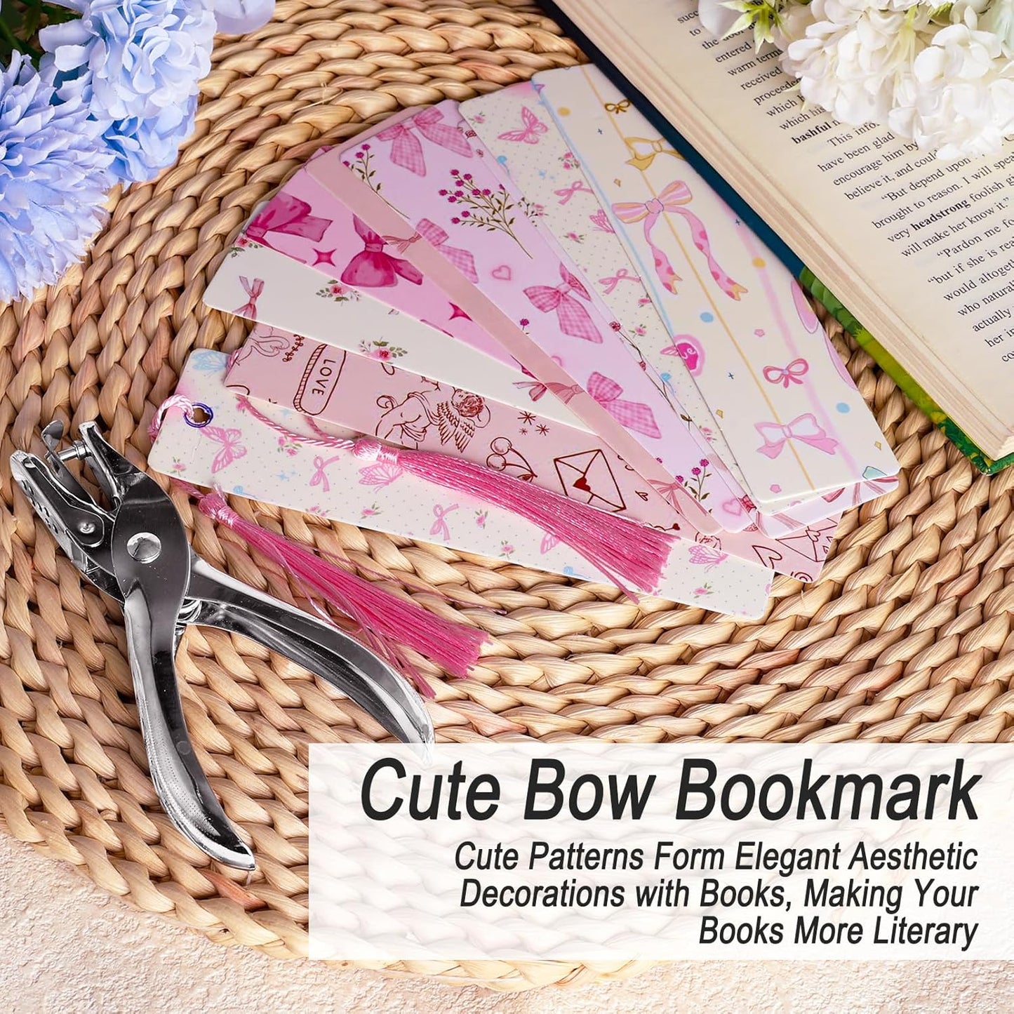 24Set Cute Bookmarks for Reading Women Aesthetic Girly Bookmarks Pretty Pink Bow Book Marks Bulk DIY Bookmark Bookish Page Markers Making Kit Coquette Reading Accessories Valentines Day Gifts