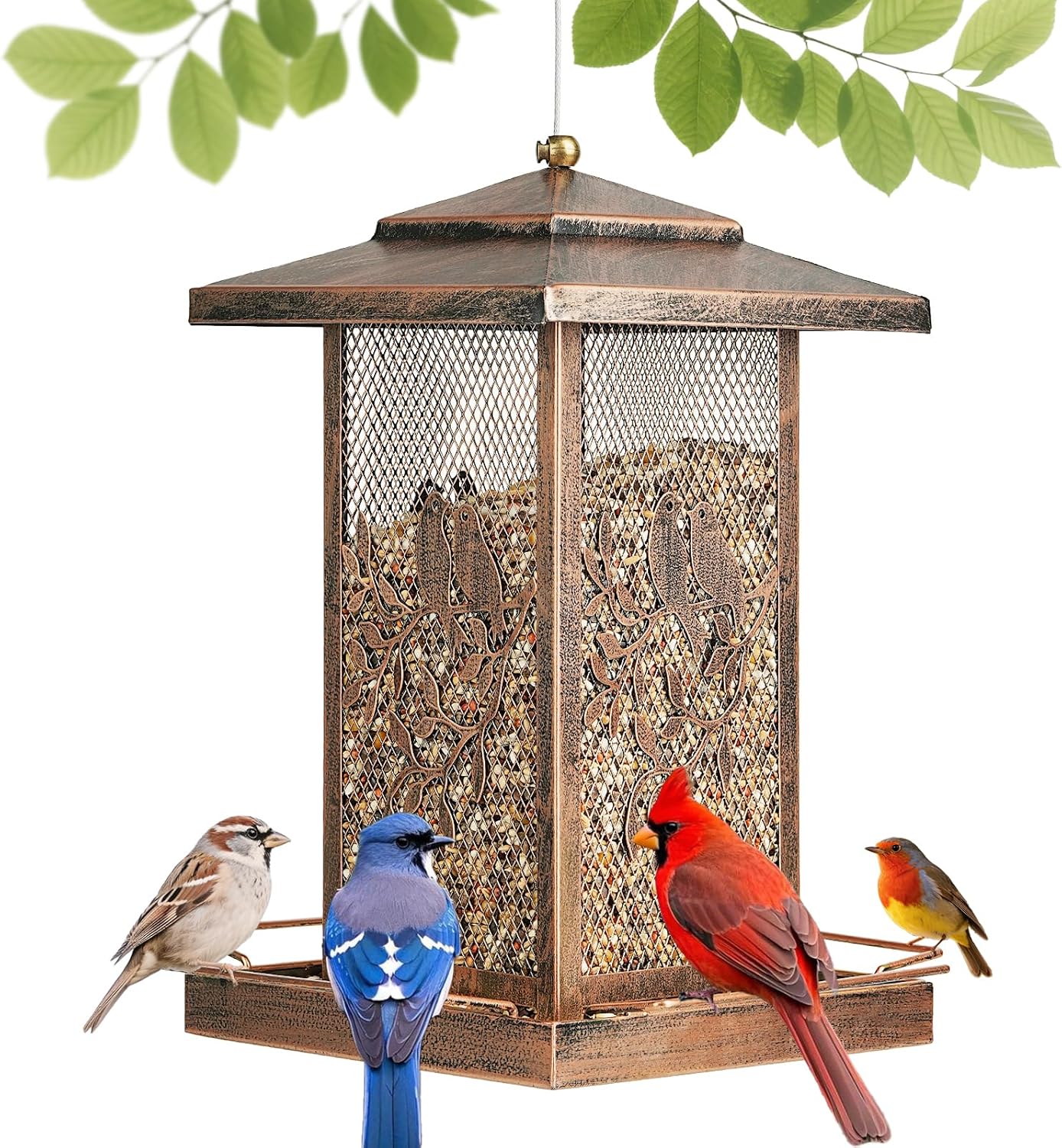 LBTING Bird Feeder for Outside, Metal Lantern-Shaped Bird Feeder, Squirrel Proof Wild Bird Feeders for Hanging Outdoor Garden Yard, Birds Pattern