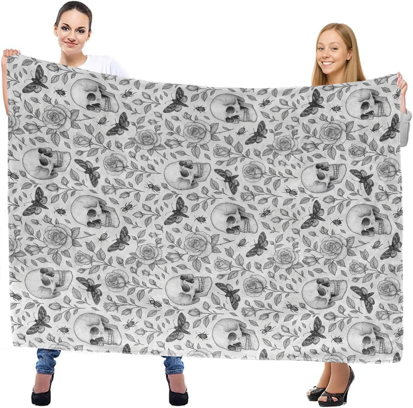 Gothic Skull and Rose Throw Blanket, Lightweight Warm Floral Flannel Blanket with Flowers Moth, Black and White Art Home Decor and Gifts, Soft Cozy Blankets for Women Men, 50"x60" for Bed Couch Travel