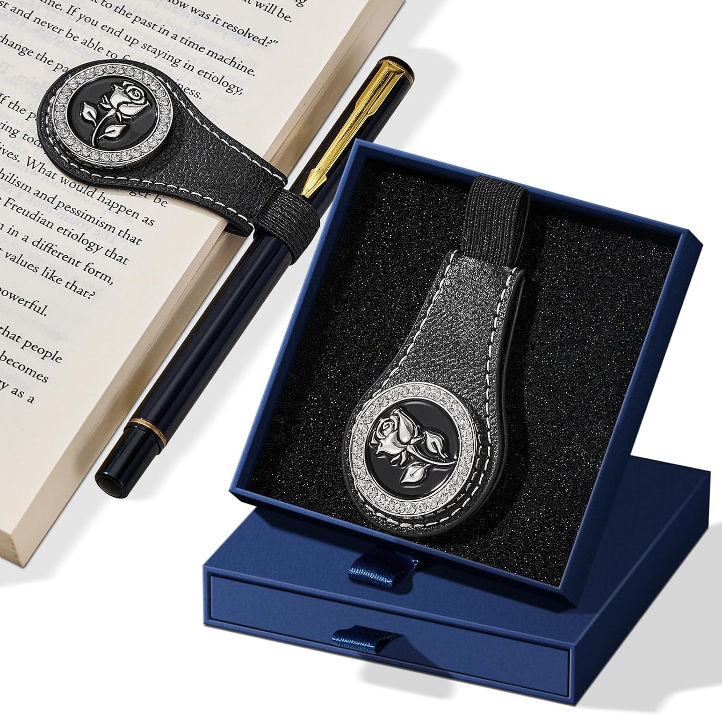 Magnetic Leather Bookmarks with Gift Box Magnetic Pen Holder Book Marks Clip Gift for Book Lover Readers Cute Bookmark for Women, Black
