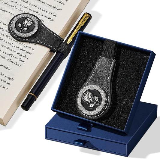 Magnetic Leather Bookmarks with Gift Box Magnetic Pen Holder Book Marks Clip Gift for Book Lover Readers Cute Bookmark for Women, Black