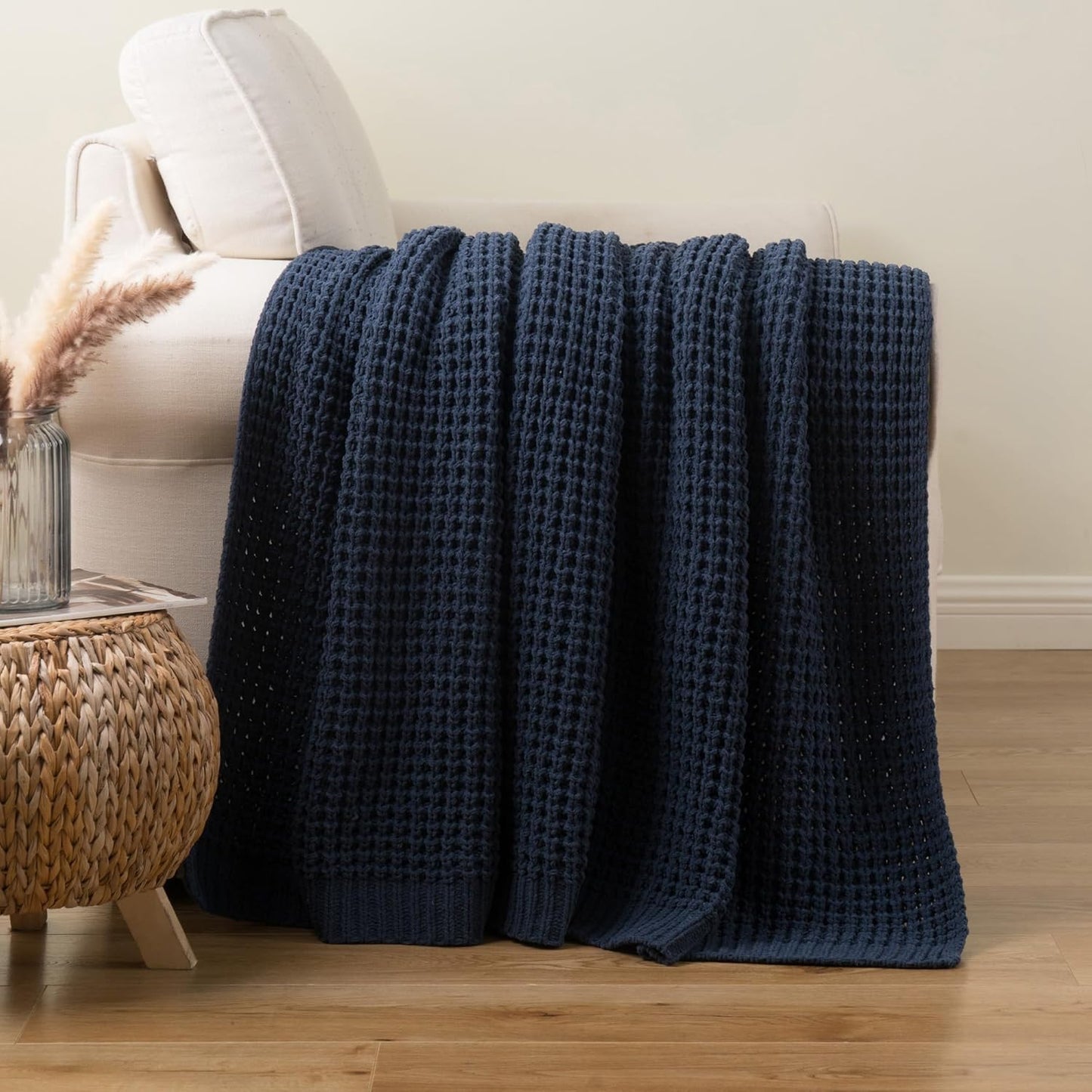 Bunnikins & Clover Navy Blue Throw Blanket for Couch, Knitted Blue Blanket Throw 50''x60'', Super Soft Waffle Navy Throws for Chair Sofa Home Decor