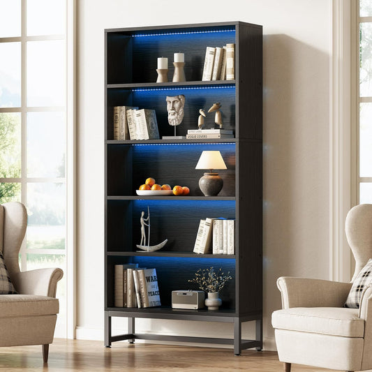 LITTLE TREE 70.8 Inch Tall Bookshelf with LED Light Strip, 5-Tier Large Bookcases Organizer with Storage Shelves, Heavy Duty Free-Standing Library Etagere Shelving Unit for Living Room, Bedroom