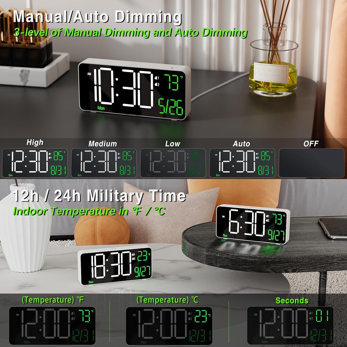 KOSUMOSU Digital Alarm Clock,6.7in Small Digital Clock for Bedroom,Auto Dimming,Date,Week,Seconds or Indoor Temperature,LED Desk Clocks for Living Room, Alarm Clocks for Bedrooms