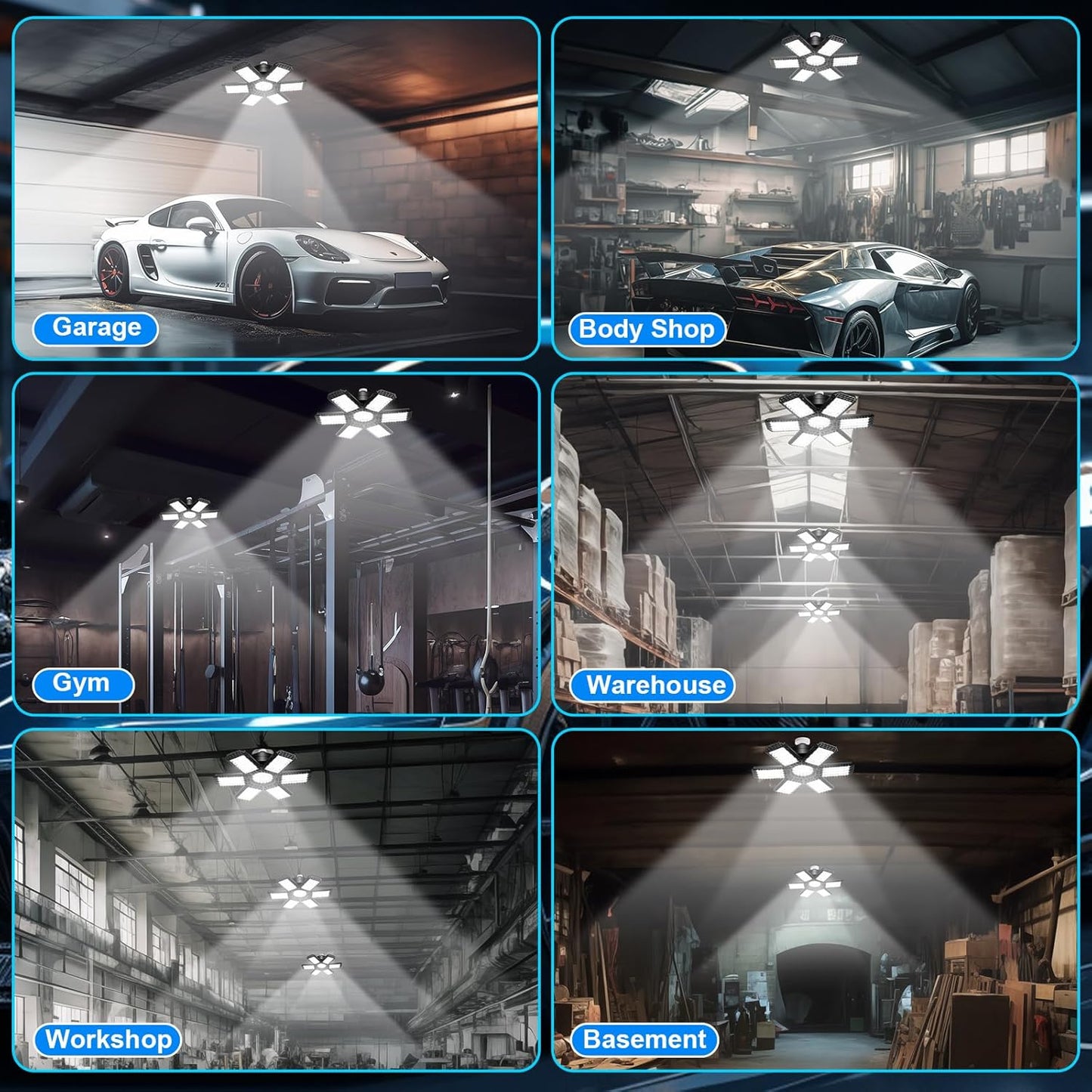 4 Pack Garage Lights, 28000LM Super Bright LED Shop Lights with 6+1 Deformable Panels, 6500K Garage Light Ceiling Led, E26 Socket Screw in Bulb for Warehouse, Workshop, Basement, Attic