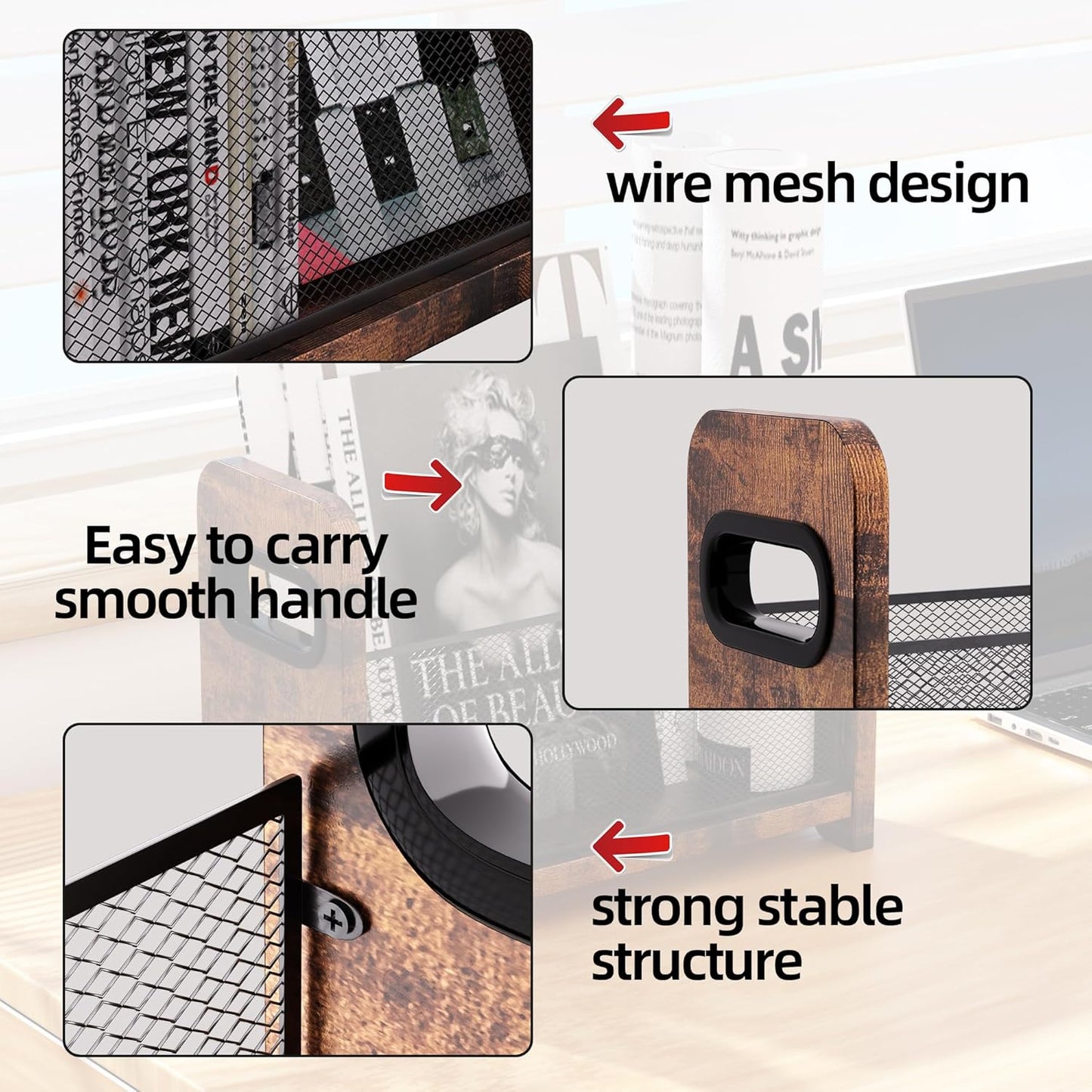 Wood Magazine Holder & Rack - Retro Brown Mesh Storage Basket for Books, Newspapers, Files - Desk/Floor Organizer