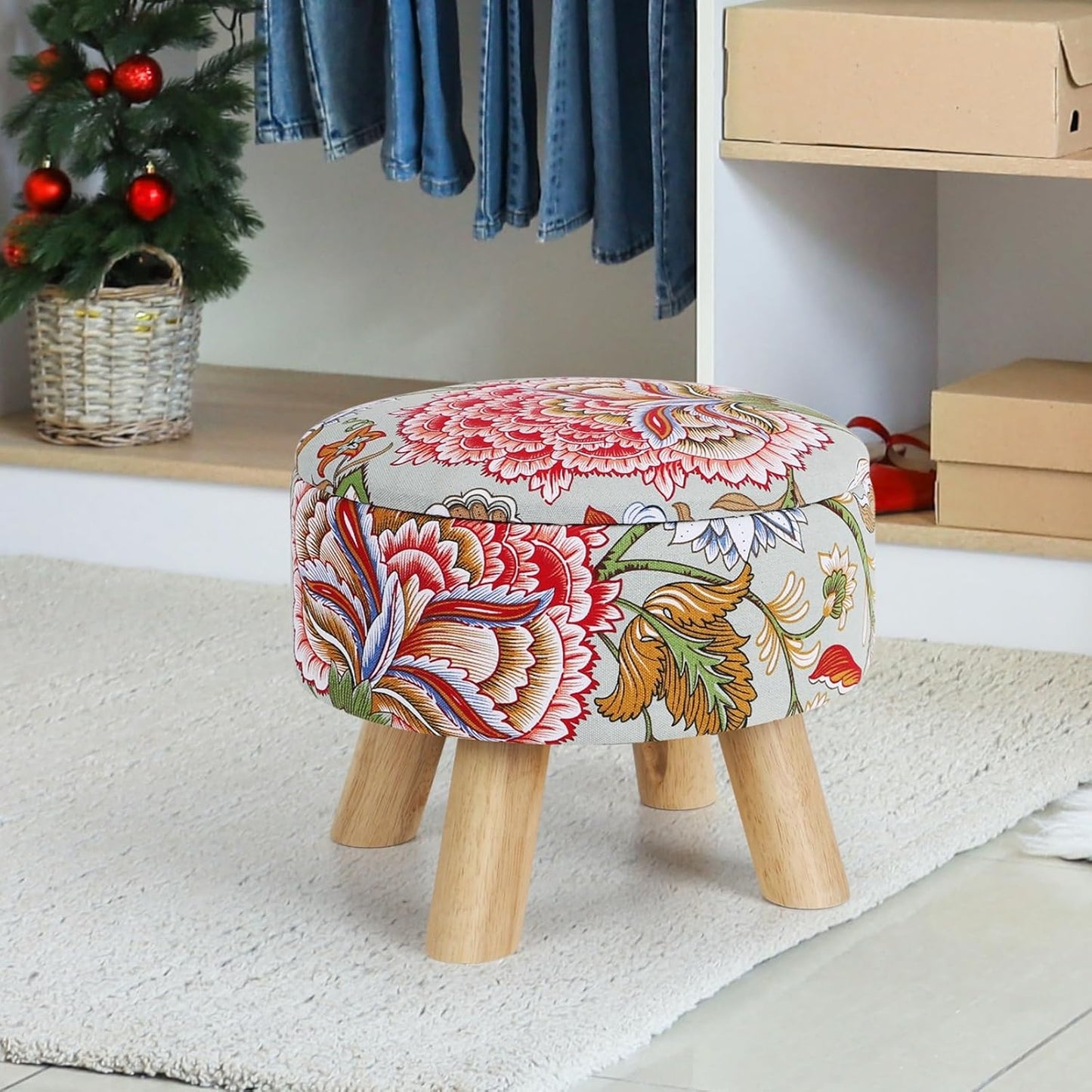 ETELI Storage Ottoman Round Small Foot Rest with Wood Legs Boho Footstool with Padded Seat Ottomans and Footstools for Couch Hallway Living Room Bedroom Enterway