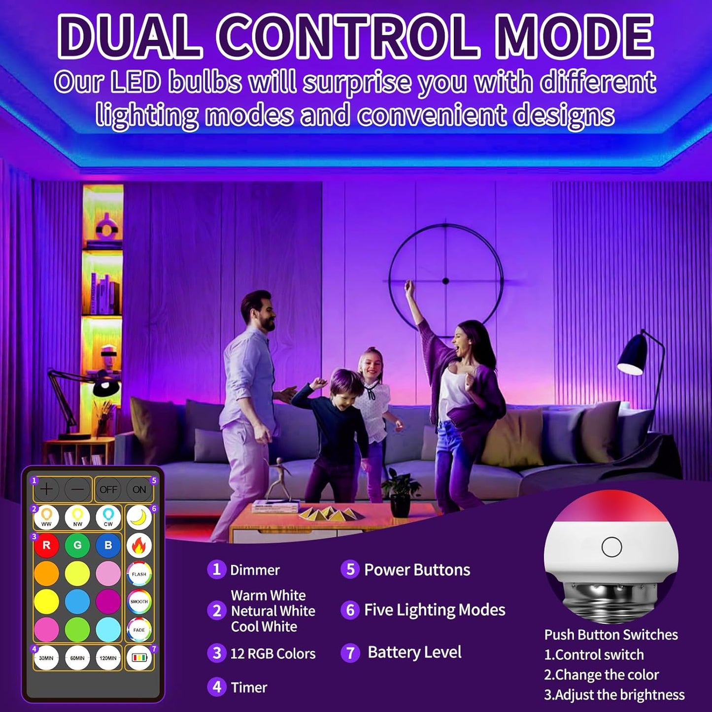 2PK Rechargeable Light Bulbs with Remote and Timer, Emergency Battery Operated Light Bulb for Lamp Sconce, Socket USB, 3 Color Temperatures + 12 RGB Colors Dimmable
