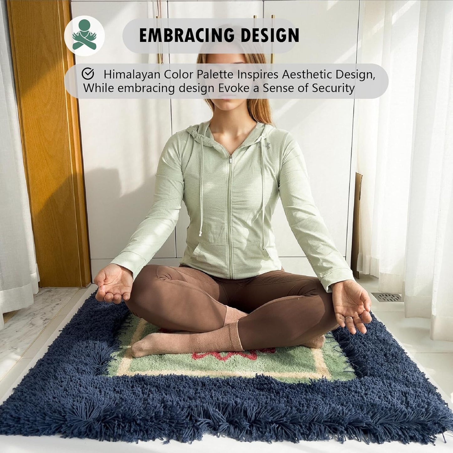 Himalayan 3 x 3 Navy Blue/Green Luxury Meditation Rug Mat Square Rugs | Thick & Supportive Yoga Mat with Non-Slip Base | Decorative Carpet & Accent Rug for Zen, Home Office & Living Room