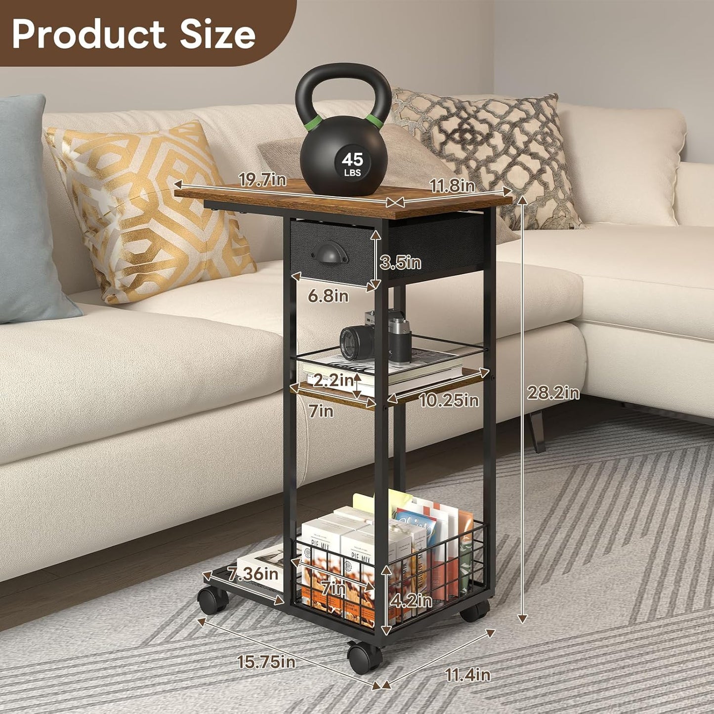 3-Tier C-Shaped End Table with Drawer — 360° Rotation, Wheels, Space-Saving TV Tray for Living Room / Bedroom