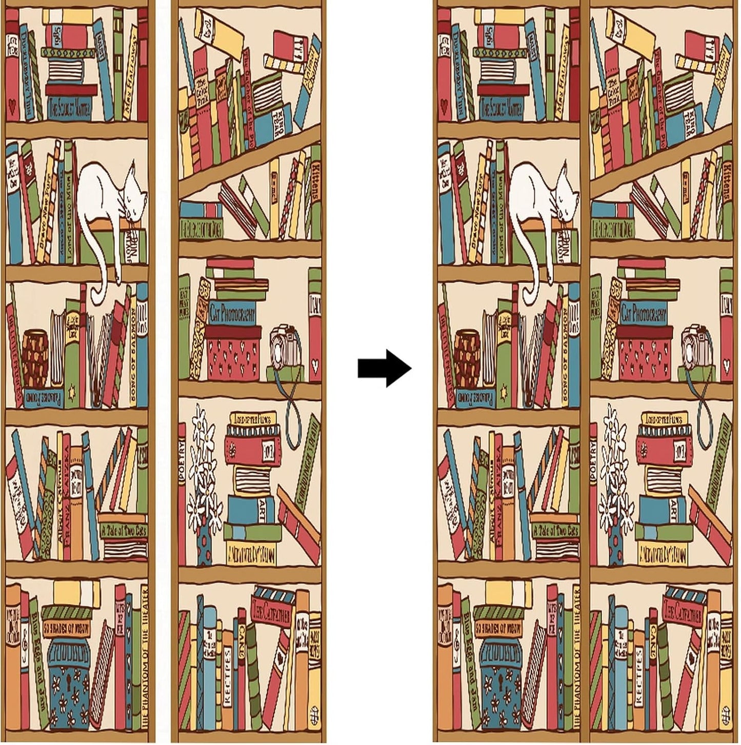 3D Door Stickers for Interior Doors Hand Drawn Bookshelf with Sleeping Cat Vinyl Waterproof Self Adhesive Door Mural Decals for Bedroom Office Bathroom 77 x 200 cm