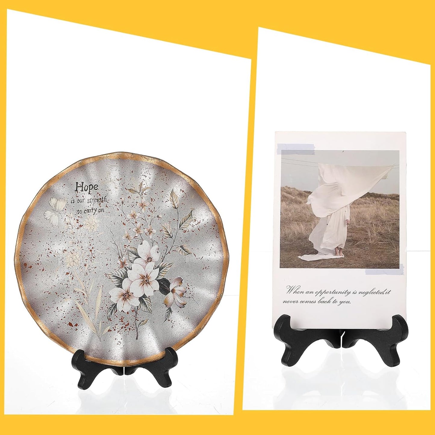 4 Pack Plate Stands for Display, Easel Plate Holder 4" Wood-Like Plastic Black Decorative Plates Display Stand Picture Frames Photo Holder Folding Displays Stand for Platter,Dish,Book,Photo,Plaque