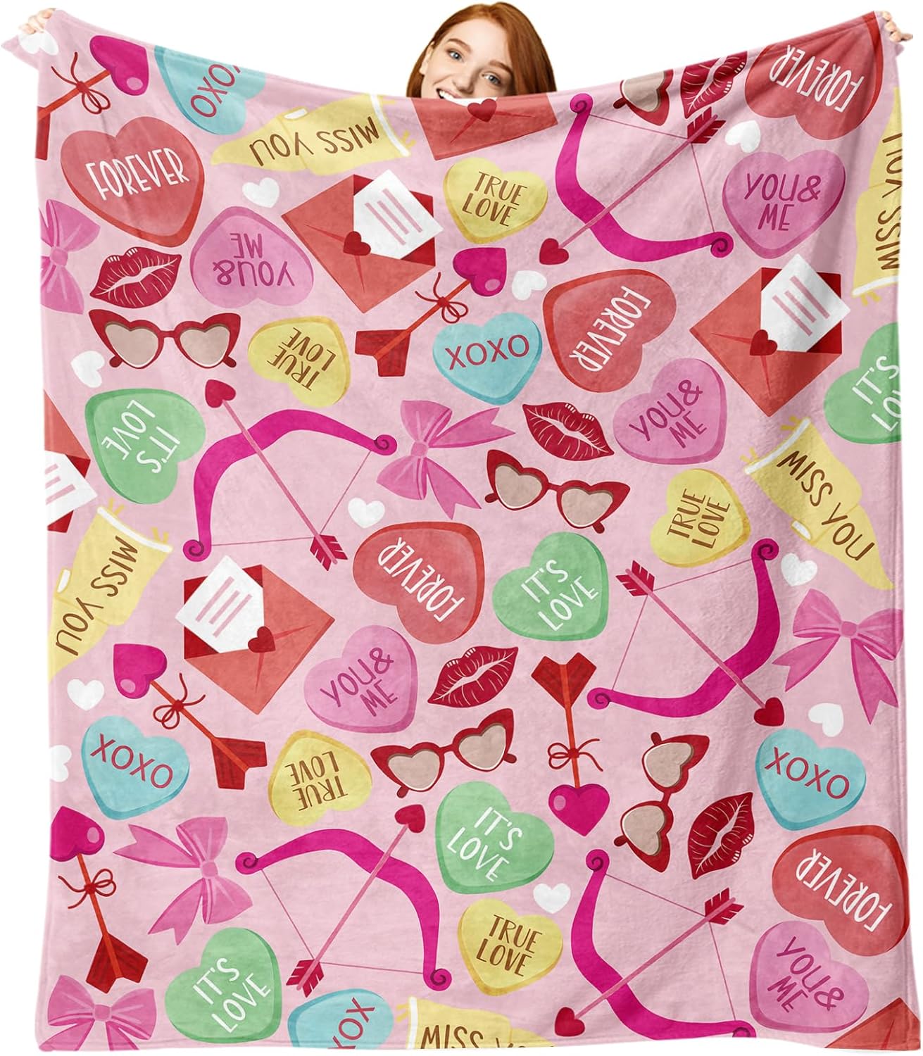 Valentines Day Flannel Throw Blanket, Colorful Cute Love Hearts Anniversary Birthday Gifts for Women Kids Lover Couples, Romantic Words Soft Blankets for Classroom School Bedding Sofa 50" x 60"