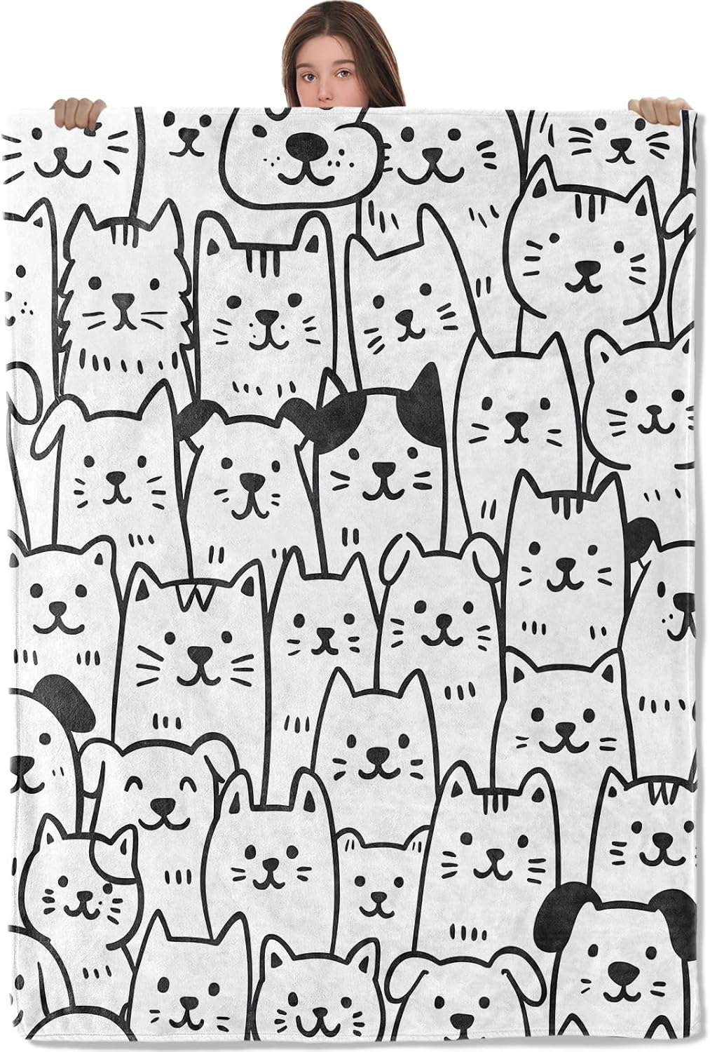 Adorable Cat and Dog Lightweight Throw Blanket, Cartoon Animal Face with Line Art, Warm Soft Cozy Flannel Blankets, Couch Bed Home Decor All Season Use, 60x50in, White, Gifts for Pet Lovers