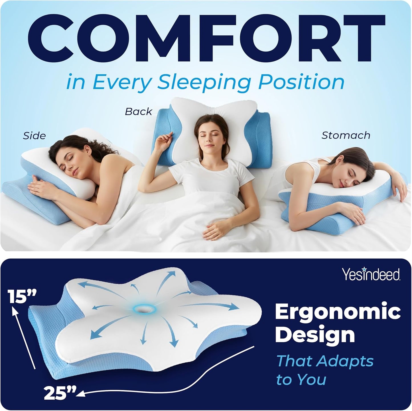 YESINDEED Pain Relief Cooling Pillow – Cervical Neck Support for Sleeping, Contoured Memory Foam Design for Neck and Shoulder Pain, Ergonomic Sleep Solution for Side Sleepers, Snoring, Posture