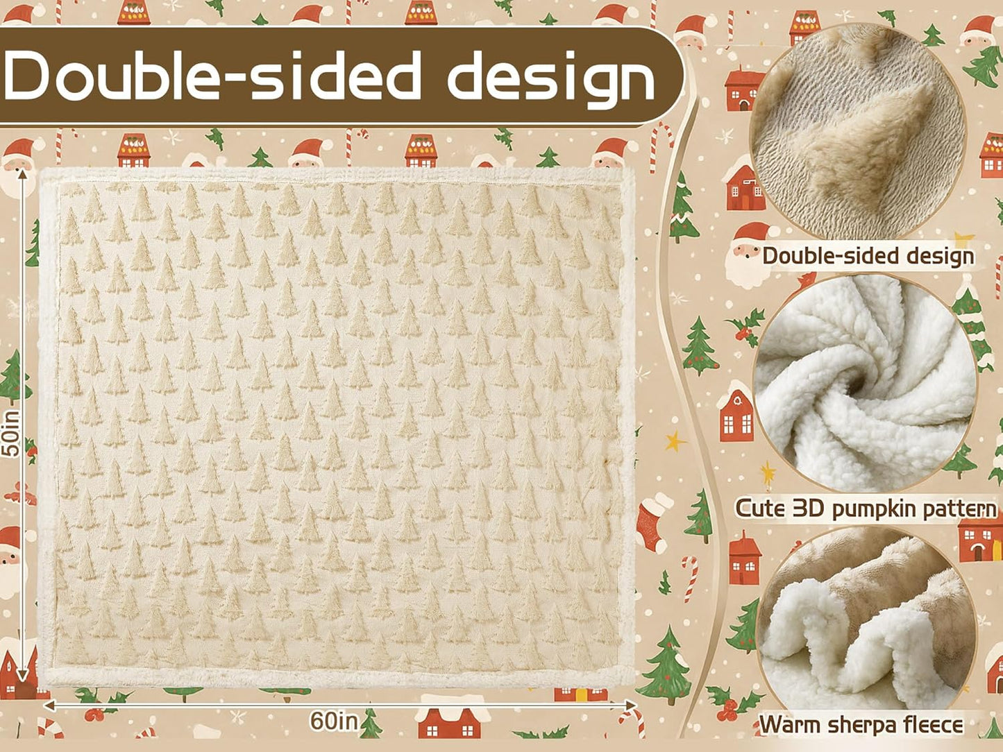 Christmas Sherpa Throw Blanket 3D Christmas Tree Snowflake Reindeer Double-Sided Thick Soft Plush Fluffy Decoration for Couch, Bed, Sofa Holiday Party Gifts, 50" x 60"(Beige, Xmas Tree)