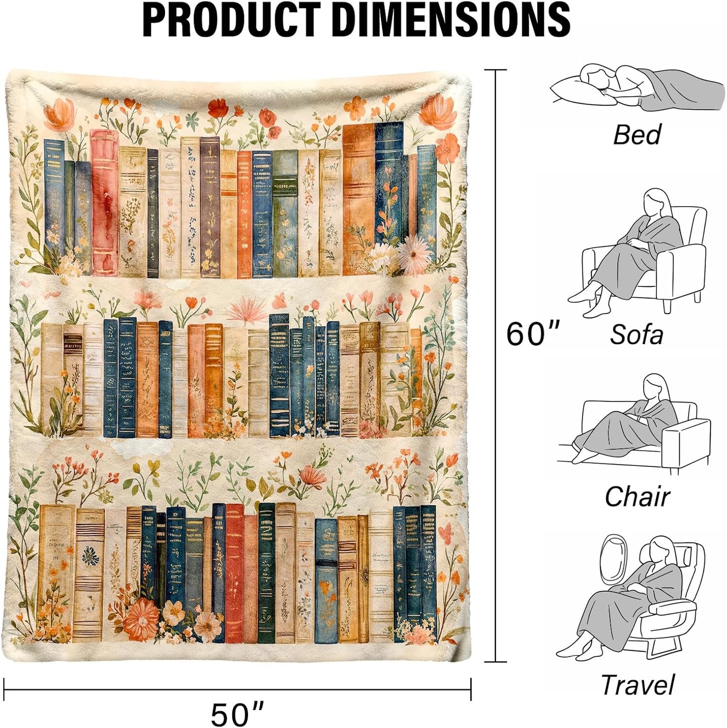 Book Lovers Gifts for Women Readers, Vintage Book Blanket 50x60 Inch, Floral Soft Cozy Throw Blanket for Librarian Books Club, Bookish Gifts for Bookworm Friends