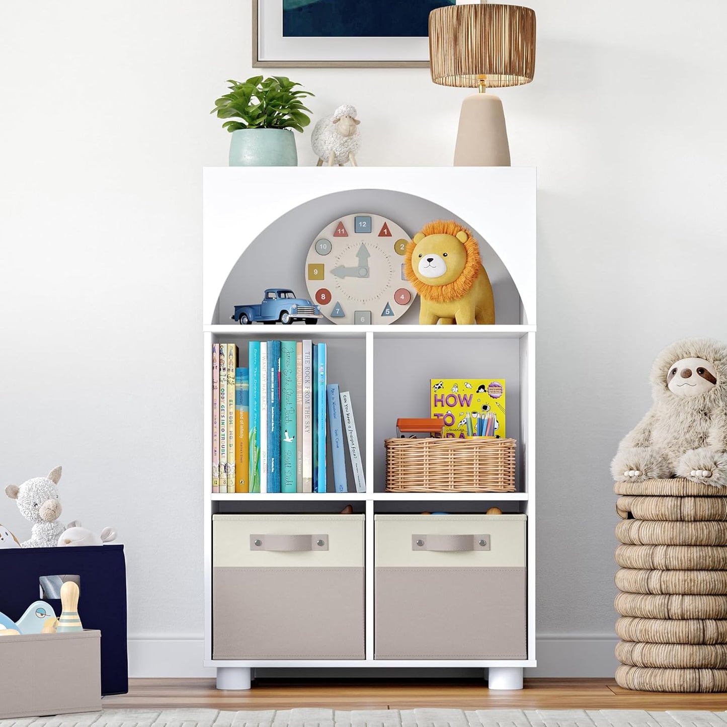 RiverRidge Kids Curve Appeal Bookcase with 4 Storage Cubbies - Modern Arched Design Toy Storage Organizer for Books & Playroom