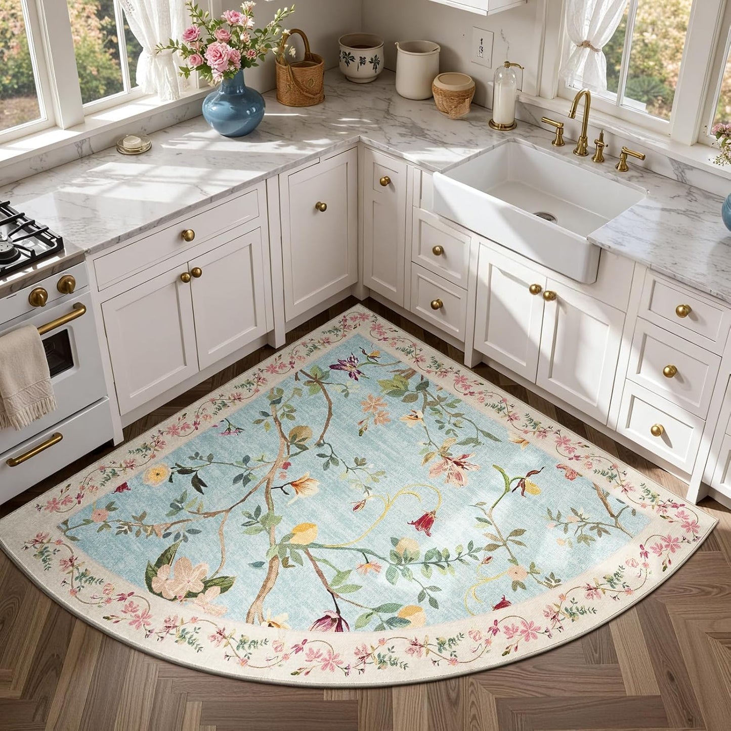 jinchan Floraison Floral Rug for 5FT Radius Corner Washable Sector Rug Oriental Flower Design Non Slip Quarter Circle Lightweight Low-Pile Throw Carpet for Bedroom Reading Nook Office Blue/Pink