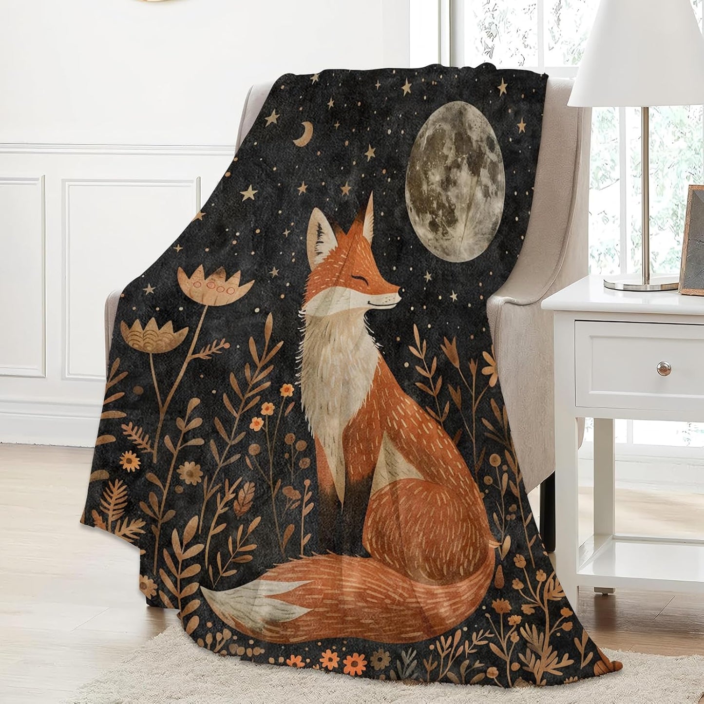 Forest Fox Moon Throw Blanket Gifts for Women Adults Girls, Soft Fuzzy Warm Cozy Flannel Blankets for Bedroom, Travel, Couch, Home Decor 50x60 in
