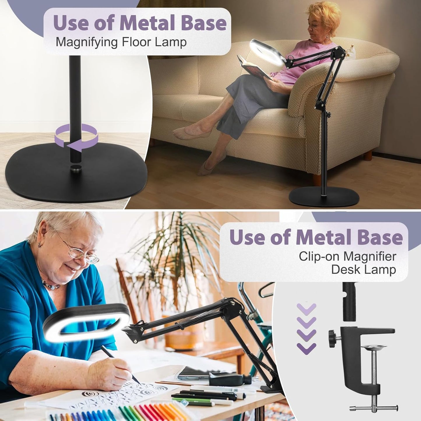10X Large Rectangle Magnifying Glass with Light and stand, 5*3 Inch Real Glass 5 Color Modes Stepless Dimmable Arm Swing LED Floor Lamp, 3-in-1 Lighted Magnifier for Reading Painting Craft Close Work