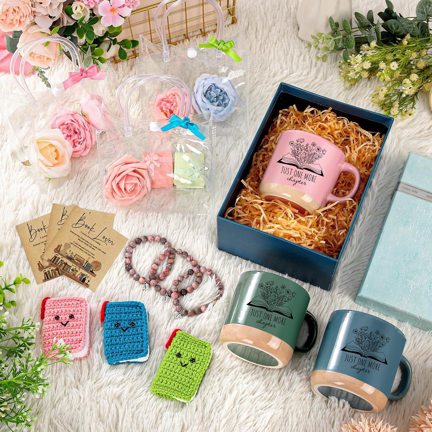 Roshtia Book Lover Gift for Women Bookworm Coffee Mug Mini Crochet Book Bracelet Card and Bag Bookish Club Accessories for Friend Librarian Reader Coworker Teacher, 1 Set