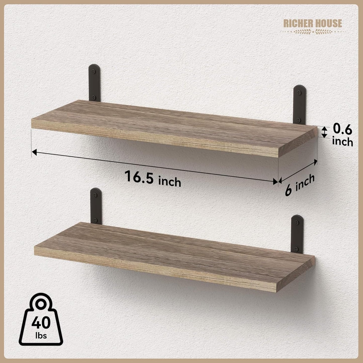 RICHER HOUSE Rustic Wood Shelves Set of 2, Farmhouse Style Floating Shelf for Wall Décor, Hanging Shelves for Bathroom, Bedroom, Storage, Kitchen, Living Room - Carbonized Black | for Wall Décor, for Bathroom, Bedroom, Storage, Kitchen, Living Room