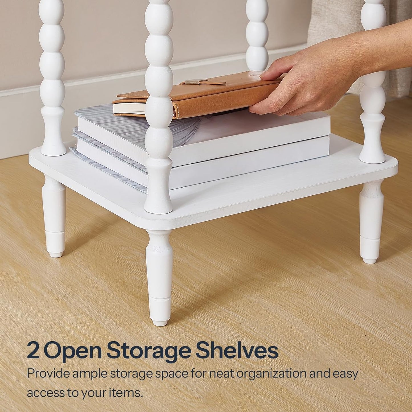 HOOBRO End Table, 2-Tier Small Side Table with Spindle Legs, Nightstand with Storage Shelves, Sofa Side Table, for Small Space, Living Room, Bedroom, White WT189BZ01