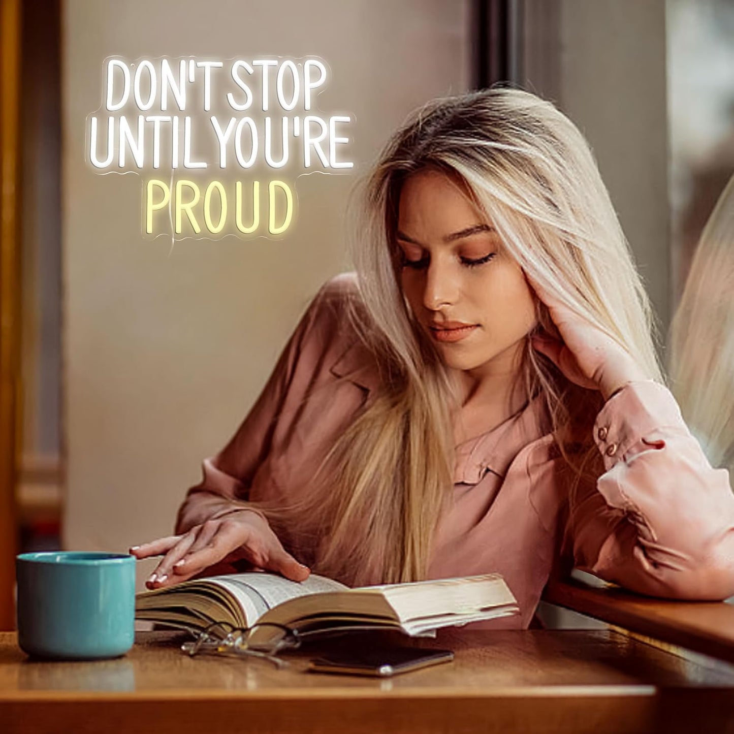 Don’t Stop Until You’re Proud Neon Sign for Wall Decor Inspirational White Neon Light Dimmable Encouragement Letter Light Up Sign for Bedroom House Gym Classroom