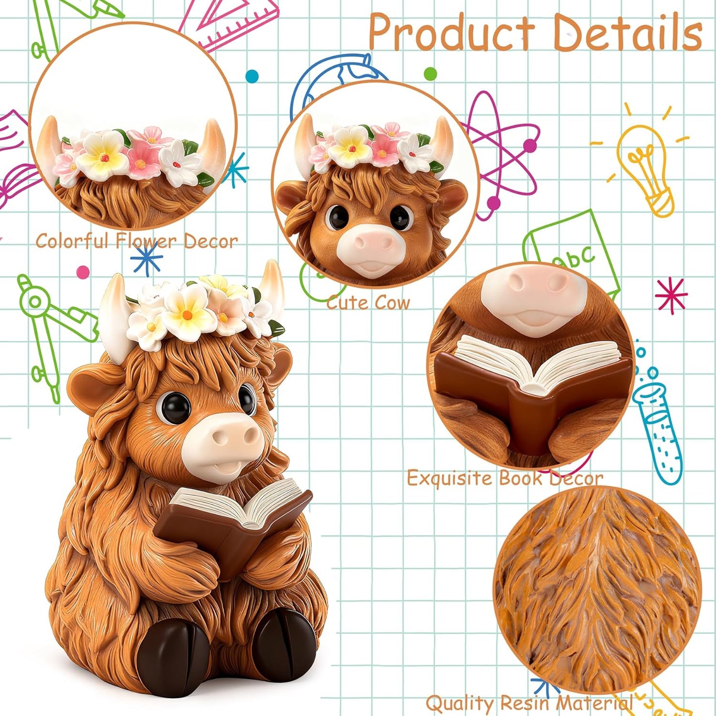 Highland Cow Figurine for Book Shelf Decor, Highland Cows Themed Gifts for Women, Resin Figures Home Desk Decorations Accents (Read)