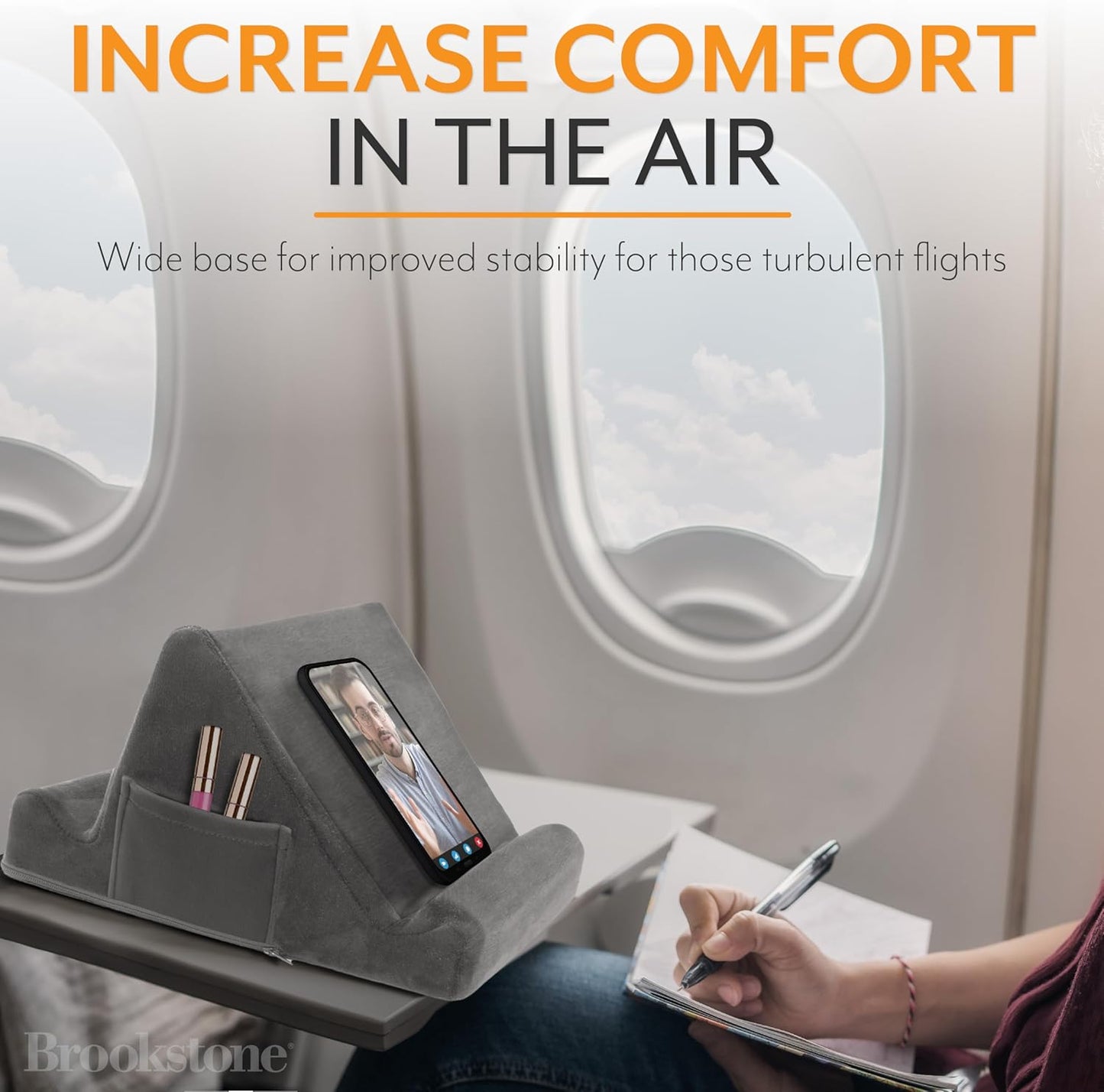Brookstone Tablet Lap Cushion - Tablet and Phone Holder for Bed, Flights, and Travel, Two Angled Memory Foam Lap Desk for Reading and Hands Free Viewing, Compatible iPad and Kindle Accessories, Grey