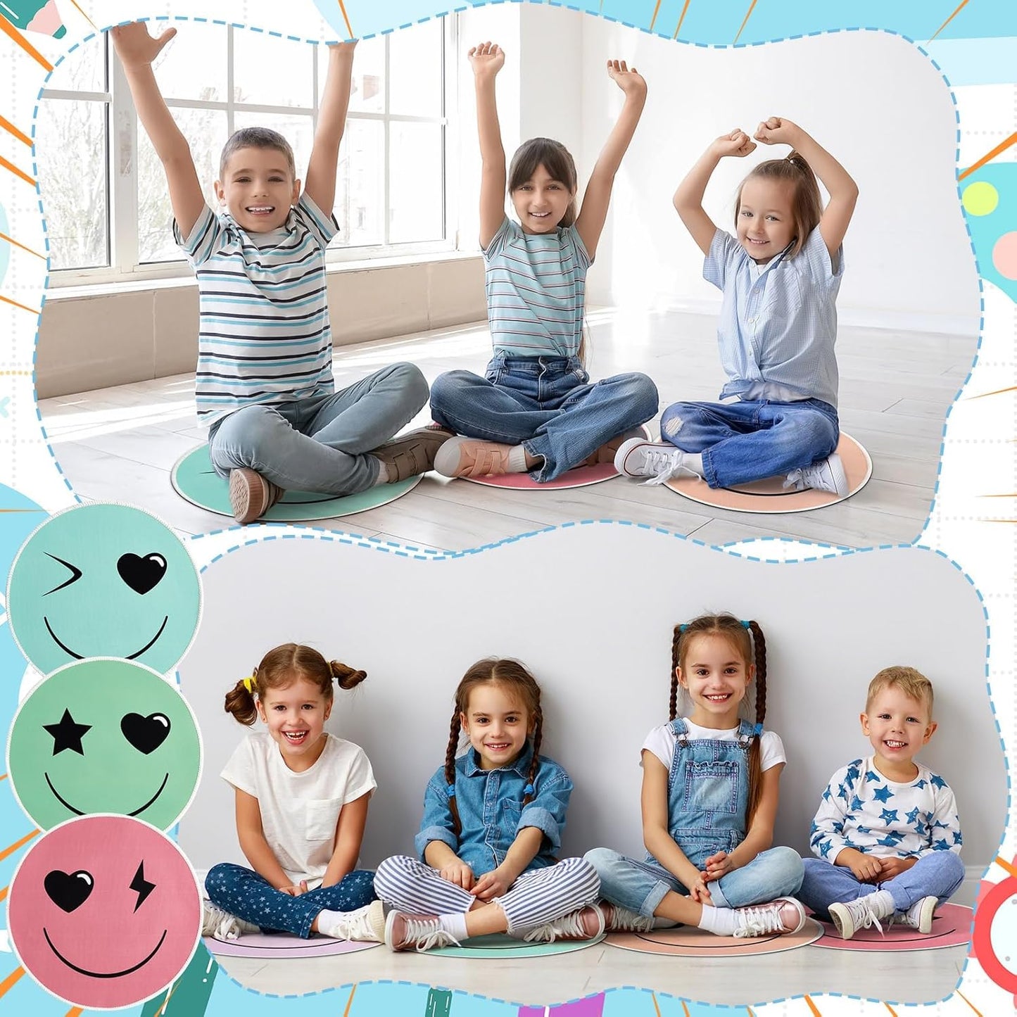 OBUSATT 12Pcs Carpet Circle Seats 15 Inch Round Classroom Rug for Calming Corner Supply Non Slip Floor Cushions Mat for Back to School Mental Health Nursery Learning Playing Areas Decor(Smile Face)