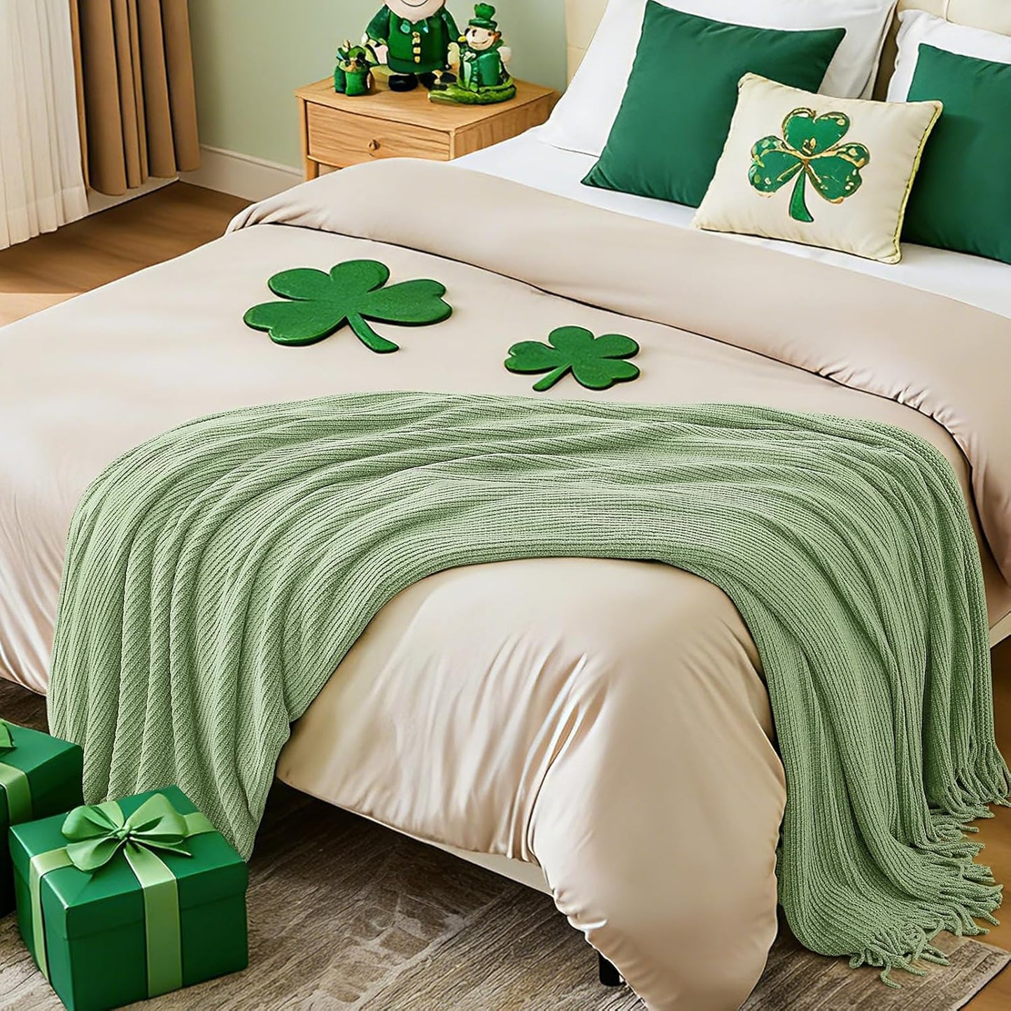 inhand Basil Green Throw Blanket for Couch Bed,St. Patrick’s Day Lucky Spring Gifts Throw for Men Women,Chunky Chenille Woven Soft Warm Blanket,Boho Farmhouse Cozy Decor,60"x80",Medium Thick,