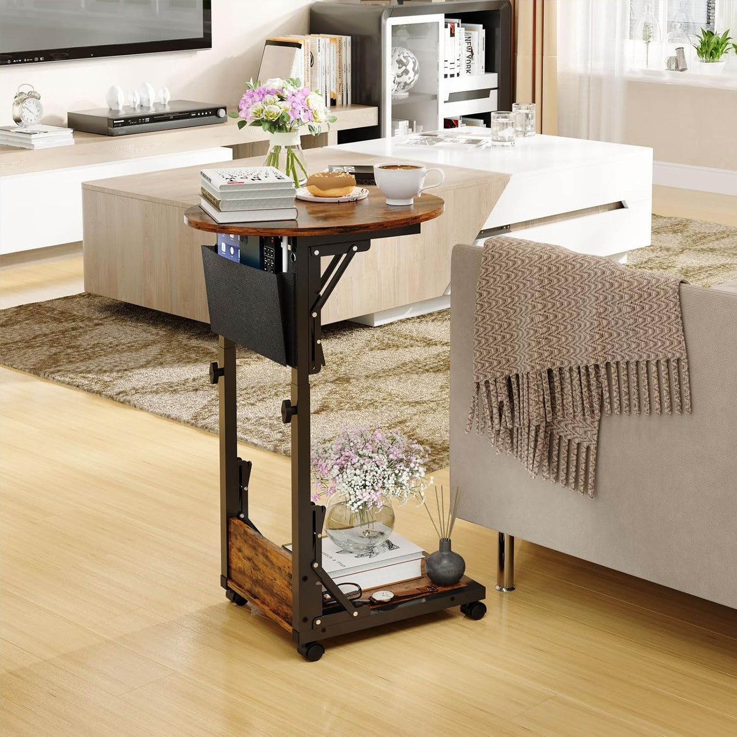 HavenlyYouth Folding C Shaped End Table, Small Side Table with Storage Bag for Sofa, Couch Table with Wheels, TV Tray Table for Living Room, Bedroom, Rustic Brown