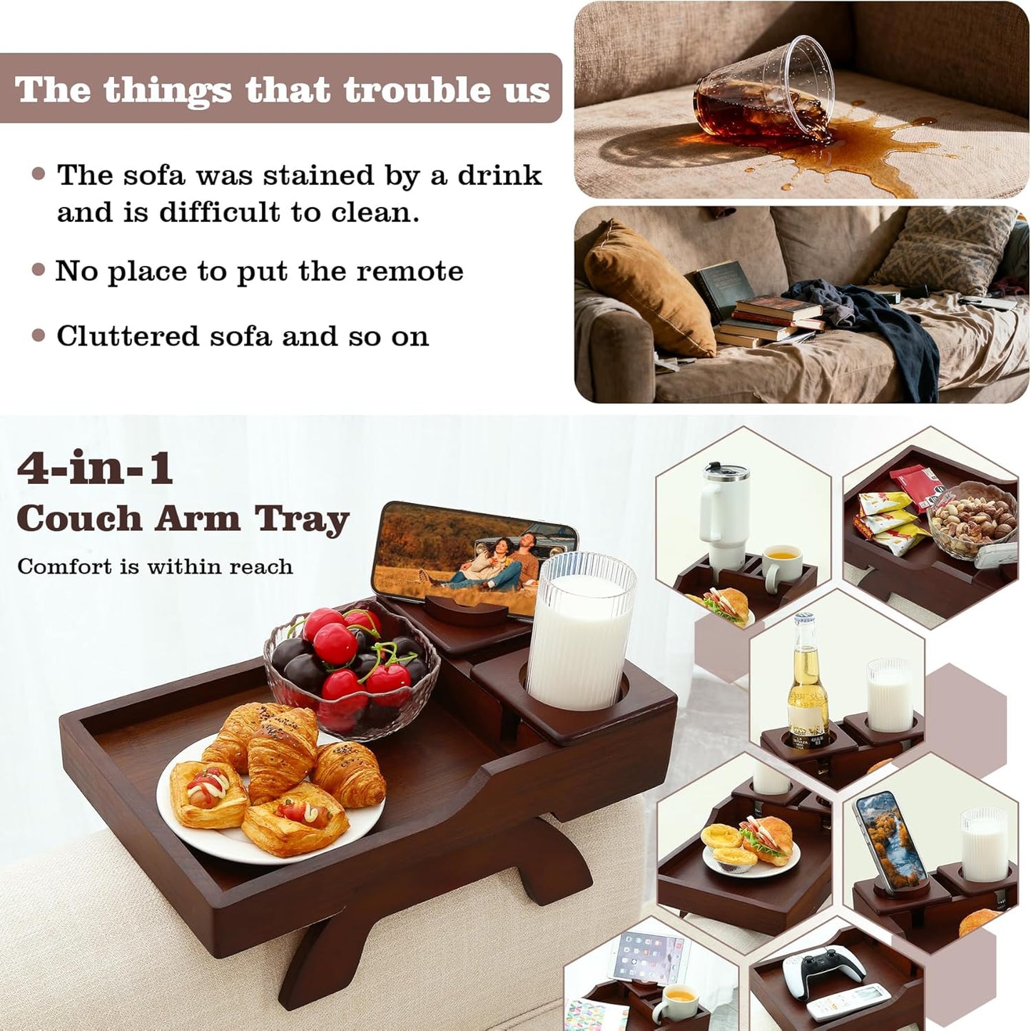 Couch Cup Holder Tray, 15.4"x9.9" Large 4 in 1 Couch Armrest Table with 360°Rotated Phone Holder, Non-Slip Clip on Side Table for Drinks/Remote/Snacks, Ideal Gift for Husband, Wife, Parents