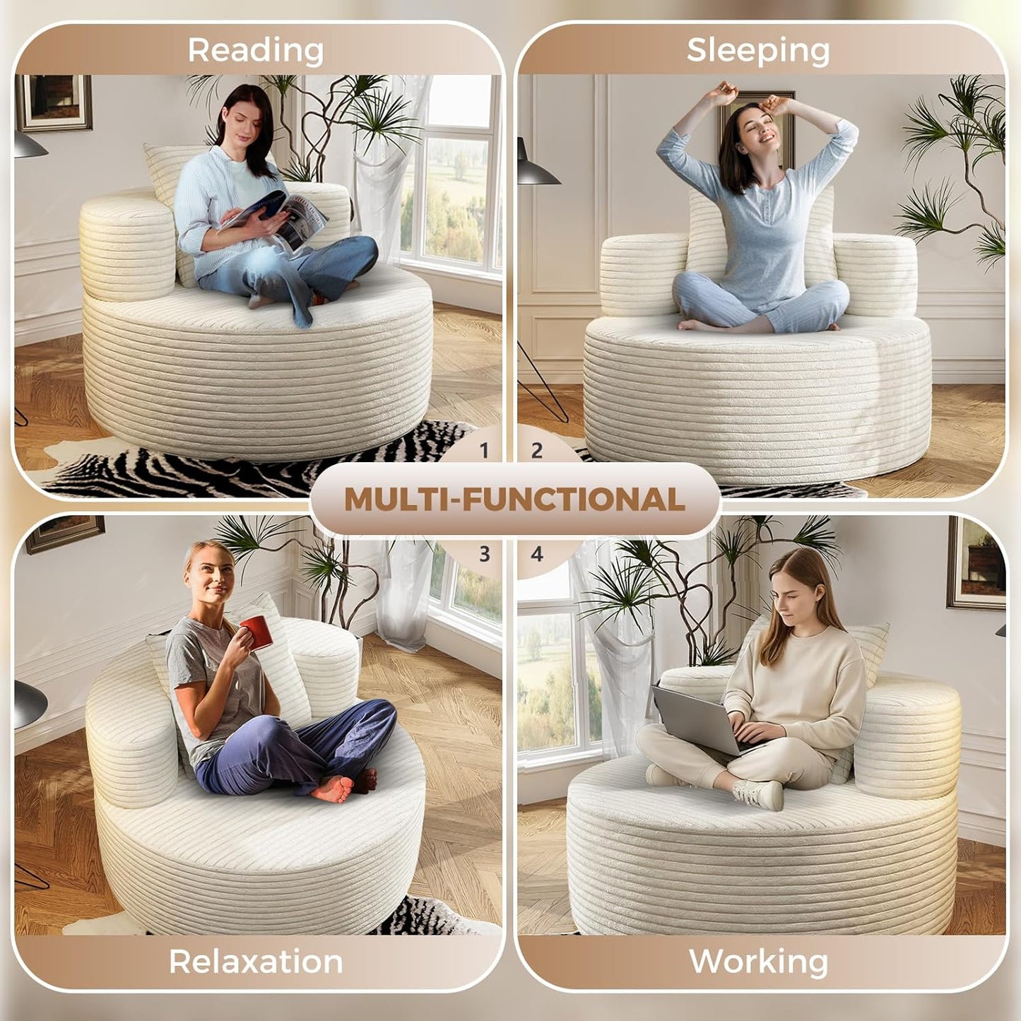 37.4" Boneless Round Chair, Oversized Chaise Lounge Cloud Chair Indoor, Upholstered Corduroy Deep Seat Sofa Accent Chair, No Assembly Required, for Living Room Bedroom Apartment