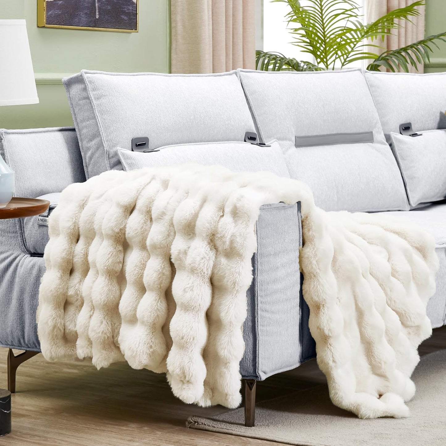 JONIYEAR Soft Fuzzy Bubble Faux Rabbit Fur Throw Blanket for Couch Chair 50" x 60", Reversible Textured Thick Warm Fluffy Blanket for Winter, Luxury Cozy Puffy Shaggy Comfy Furry Blankets, Cream White