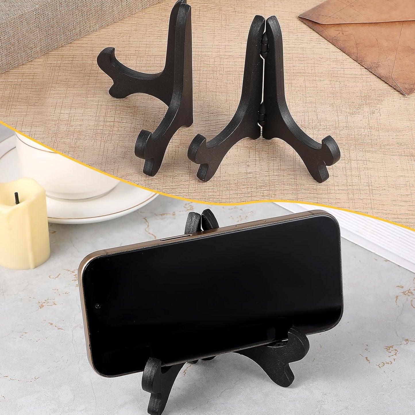 4 Pack Plate Stands for Display, Easel Plate Holder 4" Wood-Like Plastic Black Decorative Plates Display Stand Picture Frames Photo Holder Folding Displays Stand for Platter,Dish,Book,Photo,Plaque