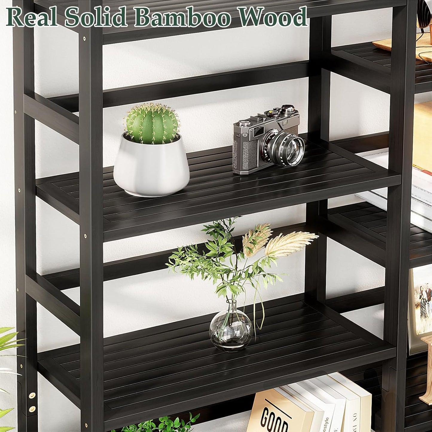 Homykic Bamboo Triple Wide Shallow Bookshelves and Bookcases, 6-Tier 6ft Tall Bookshelf with 17 Open Display Shelves, Super Large Freestanding Book Shelf for Home Office, Bedroom, Living Room, Black
