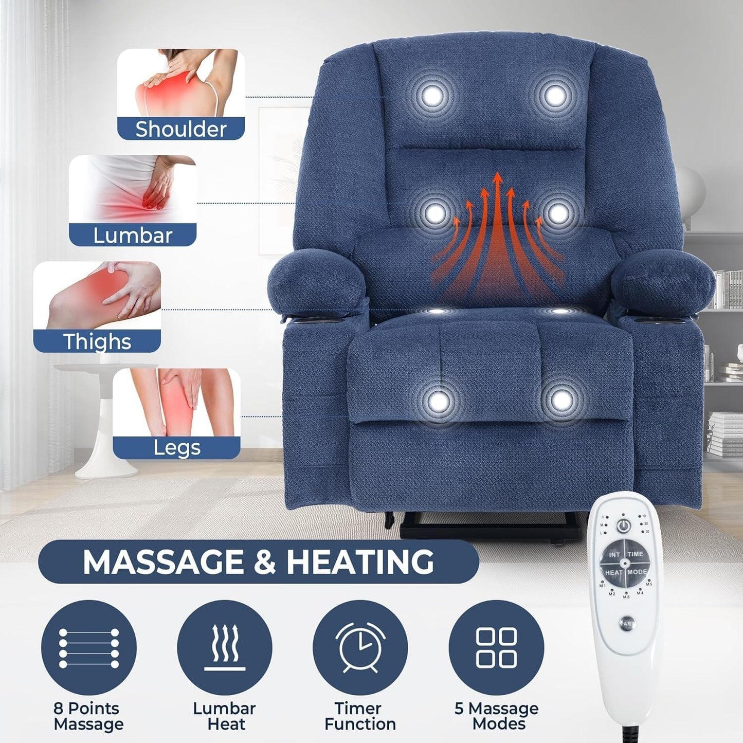 Power Lift Recliner Chair with USB Port Ergonomic Backrest Overstuffed Armrest Fabric Electric Massage Recliners Chairs with Heat for Elderly People