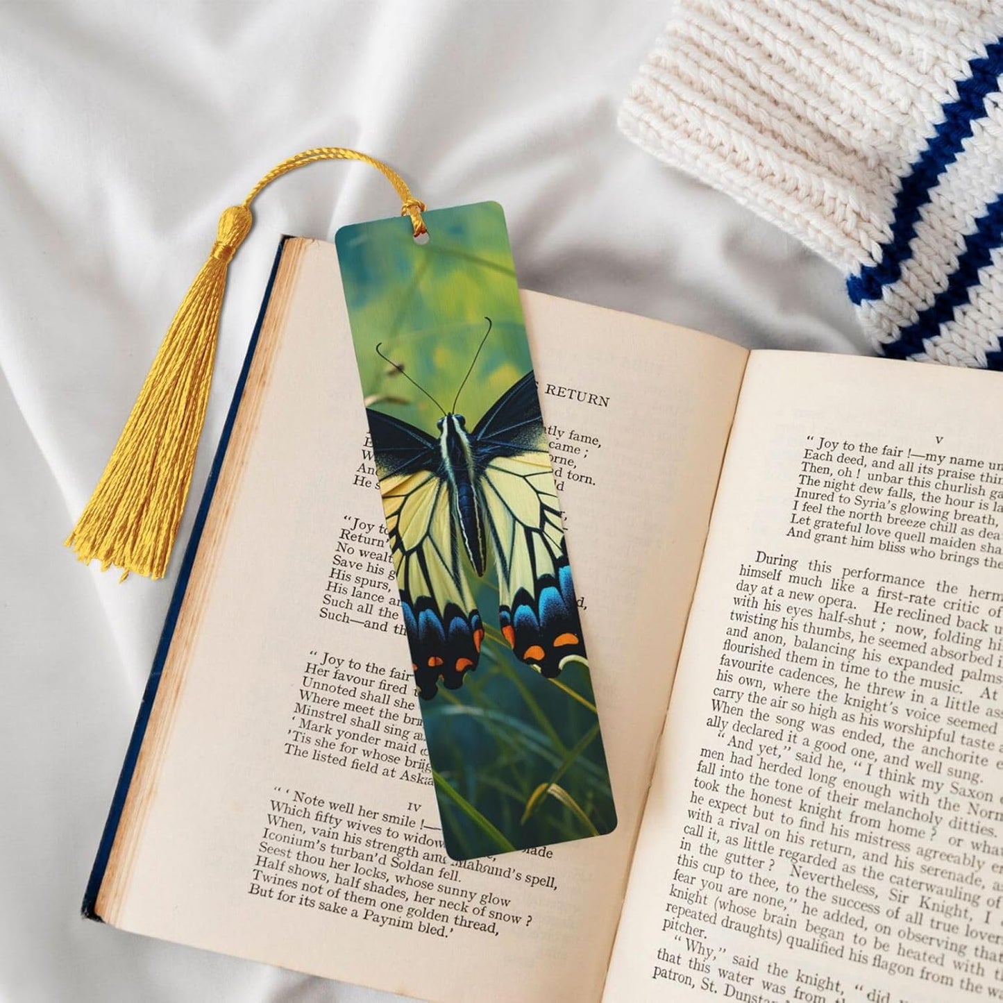 Butterfly on Stem Bookmarks Gifts for Women Men, Wooden Bookmarks for Book Lovers, Vintage Book Marks Ornaments with Tassel, Unique Personalized Reading Page Markers Gold