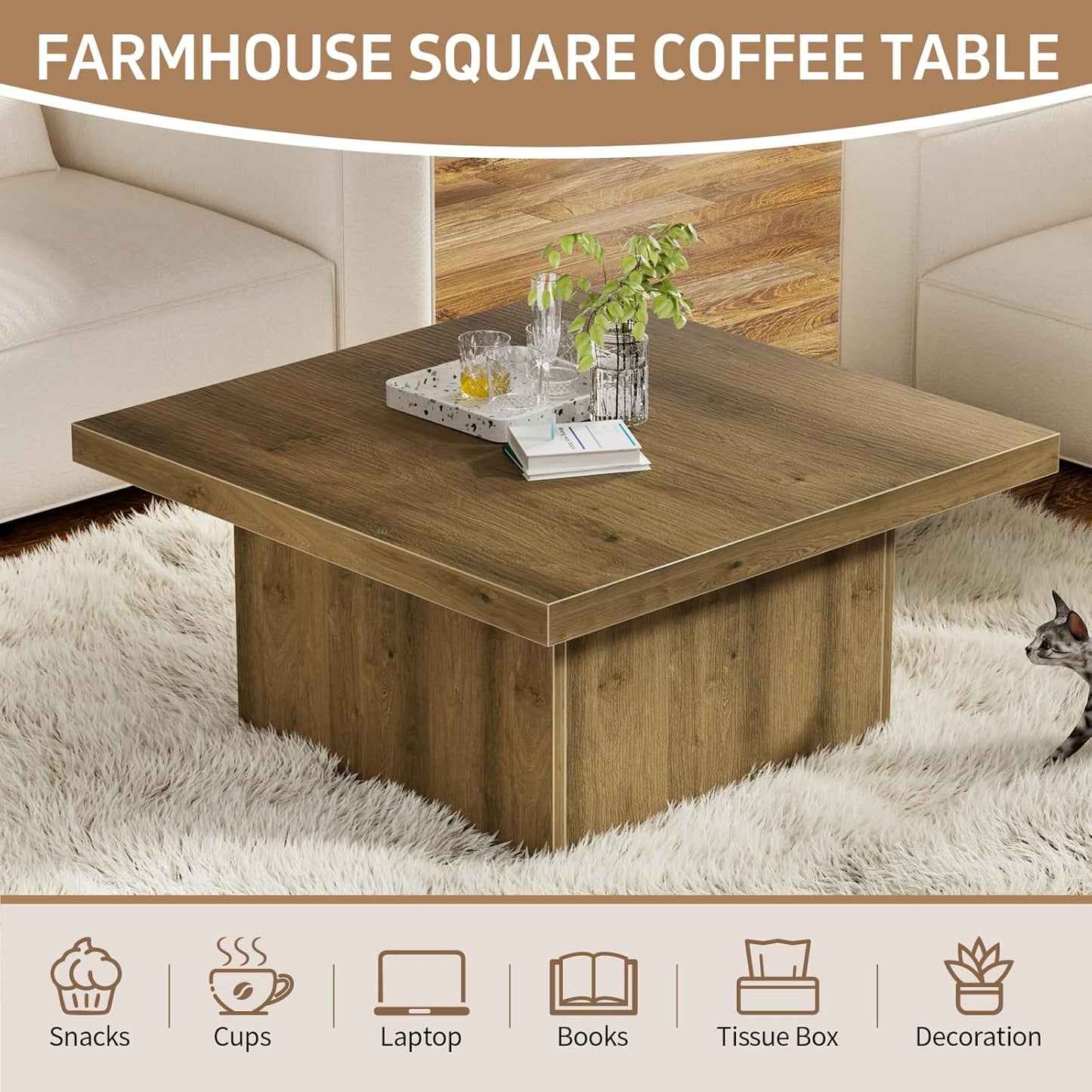 Square Coffee Table,Wooden Living Room Table,Center Table with a Large Tabletop,35.4" x 35.4",for Small Spaces, Apartments, Living Rooms, Vintage Brown