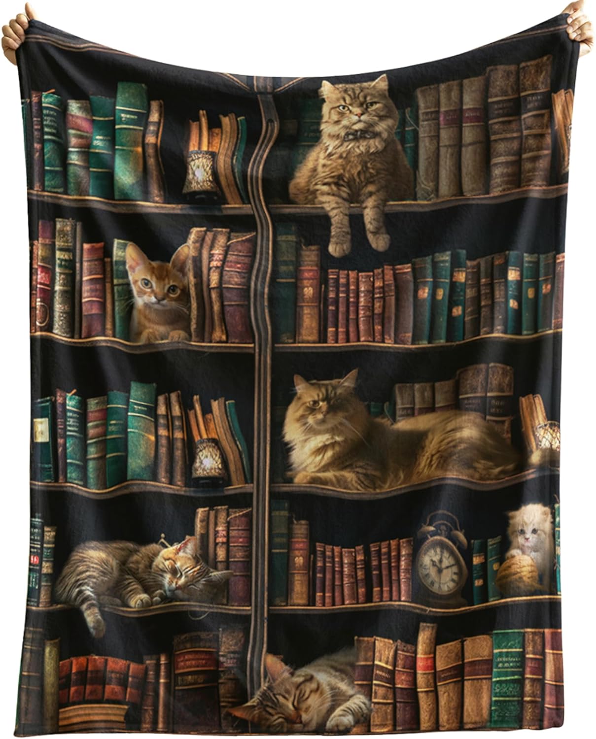 Cozy Book Blanket 50x60, Reading Throw for Readers, Book Lovers Gifts for Women, Reader Gifts, Bookish Present, Librarian Gift, Bookworm Idea, Couch Bed Decor, Vintage Library Bookshelf Cats Print