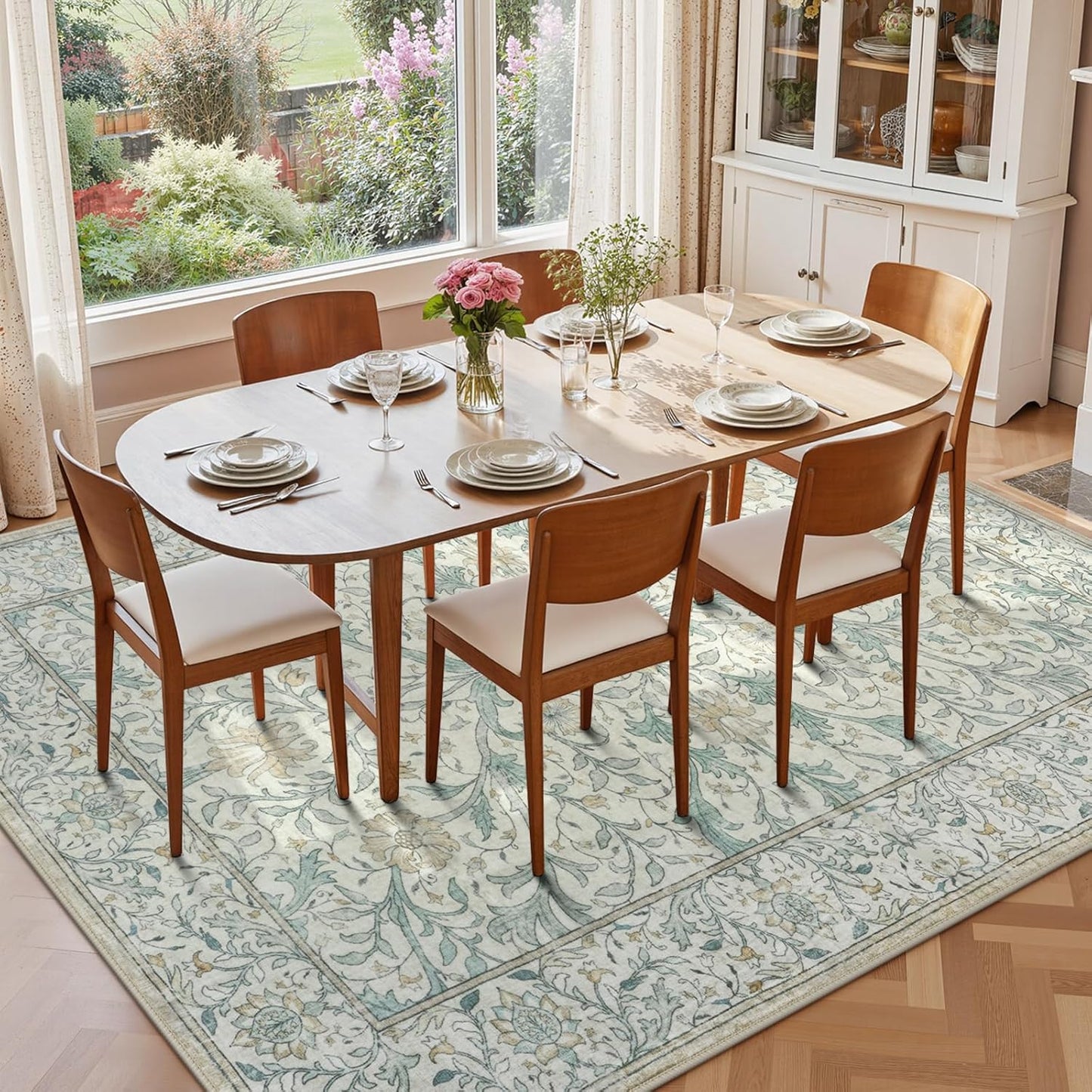 Collive 8x10 Area Rugs for Living Room, Washable Floral Bedroom Rug, Vintage Neutral Non Slip Low Pile Throw Large Carpet, Soft Retro Distressed Rugs for Dining Room Office, Ivory/Light Turquoise