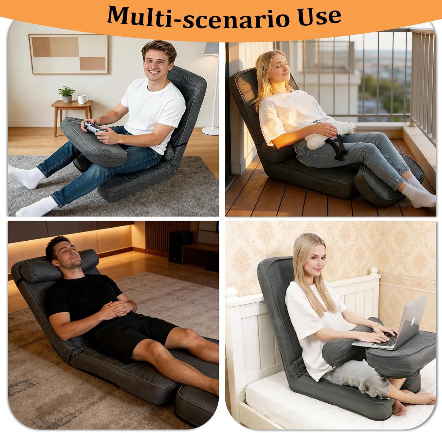 ZALL Grey Floor Folding Recliner Chair, Adjustable Back Support - Ergonomic Comfort for Game Room, Home Reading & Kitchen Leisure