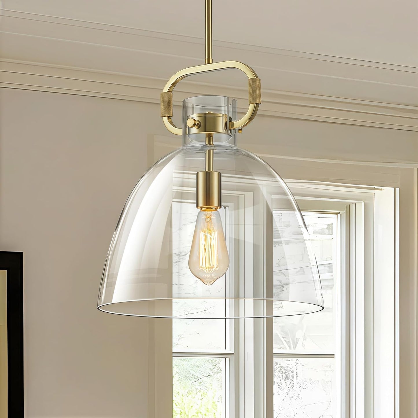 14’’ Large Pendant Lights Kitchen Island, 1-Light Modern Brass Gold Kitchen Island Lighting with Glass Shade, Adjustable Hanging Pendant Light for Dining Room Bedroom Hallway E26