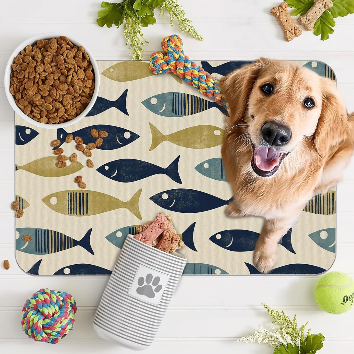 Fish Boho Dog Food Mat for Floors,Ocean Absorbent Quick-Dry Pet Feeding Mat,Cat Dog Bowl Mats for Food and Water,Non-Slip Pet Accessories Supplies 12"x20"
