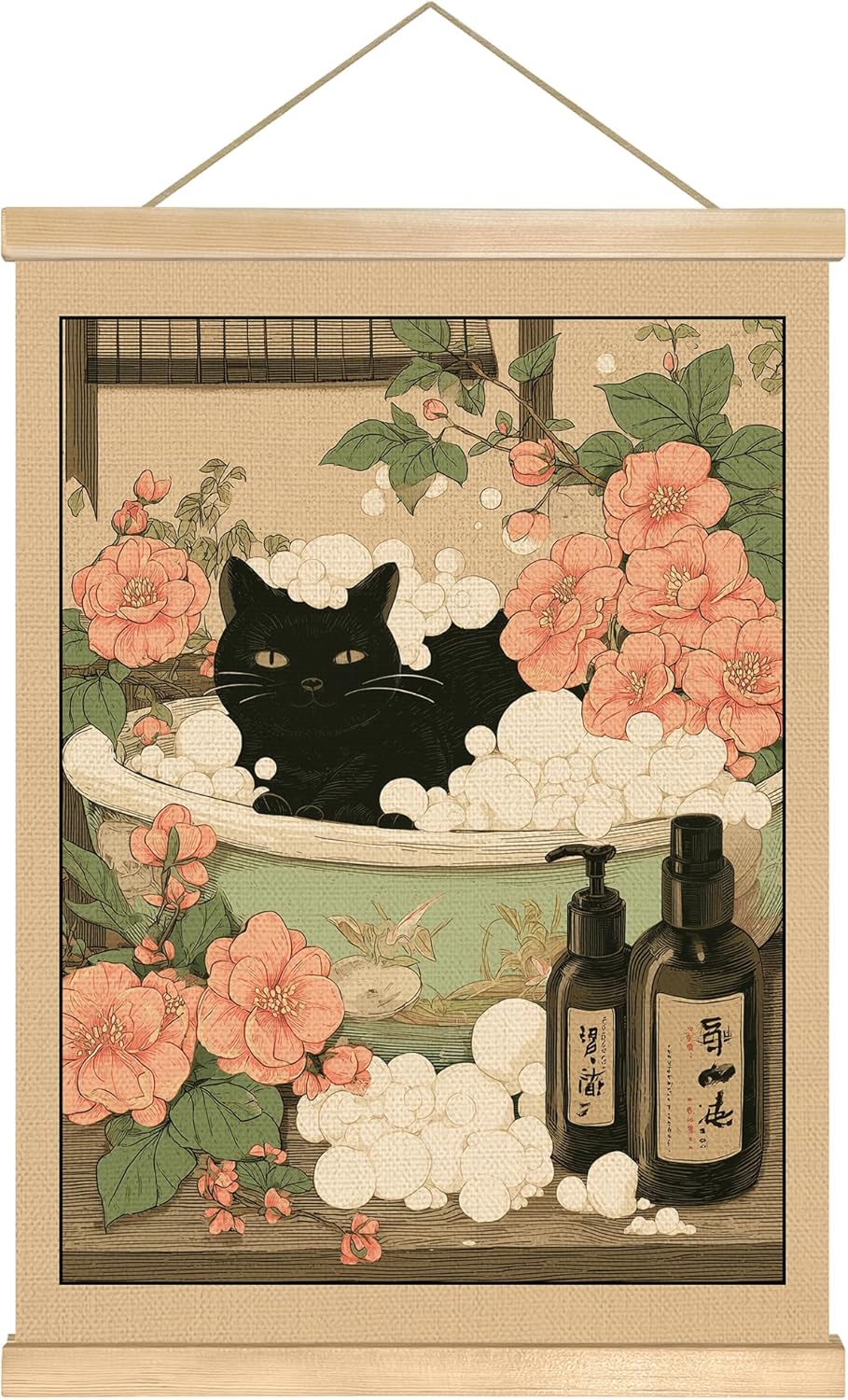 Funny Japanese Style Black Cat Bathing Linen Poster with Wood Hanger, Elegant Animal Wall Art,Vintage Bathroom Wall Hanging Decor for Cat Lovers,Friends Gift 14 x 18.5 Inches (Black-cat)