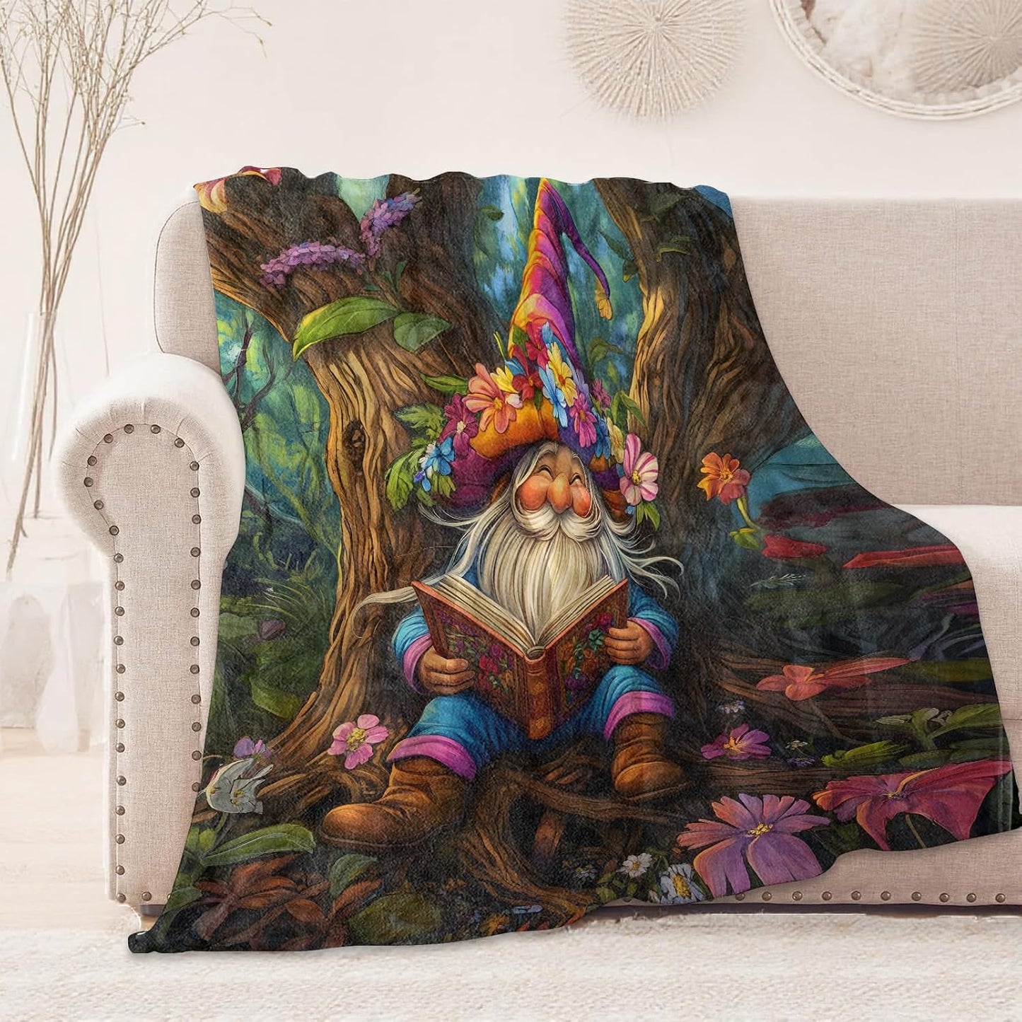 Reading Gnome Blanket, Cozy Flannel Gnome with Flower Hat Throw Blanket, Soft Fuzzy Blankets for Travel Home Decor, All Season Lightweight Couch Bed Cover, Gifts for Women Adults Kids 50"×60"